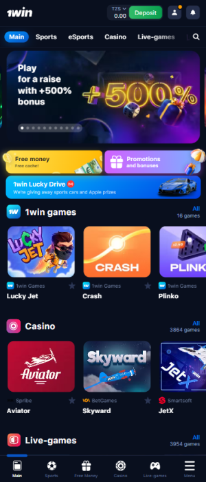 Home screen of the 1win mobile app in Tanzania